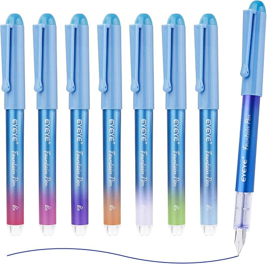 EYEYE Disposable Fountain Pens for Writing, Medium Point Stainless Steel Nib, Pack of 8 Assorted Colors