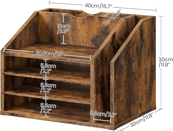 Wooden Desk Organizer with Adjustable Partitions, Multi-Layer Desktop File Holder for Home Office, Paper & Stationery Storage Organizer, Rustic Brown MWJ04FG
