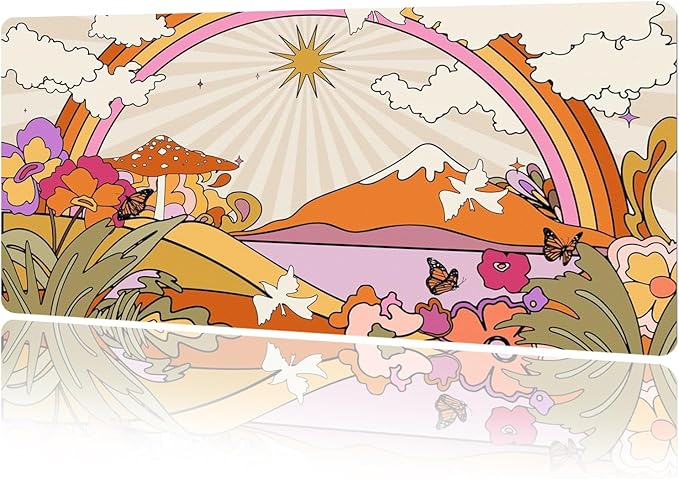 MAYCARI Cute Desk Mat Retro Flowers Clouds Sun and Rainbow Orange Boho Aesthetic Desk Pad Mouse Pad Gaming Mousepad XXL Laptop Keyboard Desktop Writing Pad for Girls Students 31.5"X15.7"