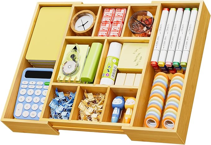Marbrasse Bamboo Expandable Drawer Organizer, Desk Drawer Organizer Tray with 5 Dividers, Desk Organizers and Accessories, 10 Adjustable Compartments for Office Supplies, Junk, Makeup & Vanity