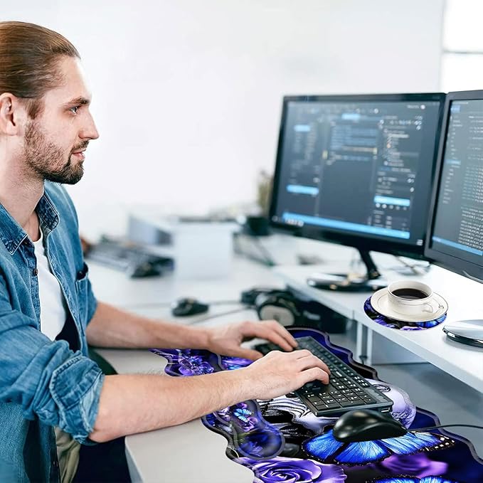 Large Mouse Pad and Keyboard Wrist Rest, Desk Pad for Keyboard and Mouse, 4-in-1 Large Gaming Mouse Pad with Wrist Support, Desk Mat for Home Office Study Game-Skull and Butterflies