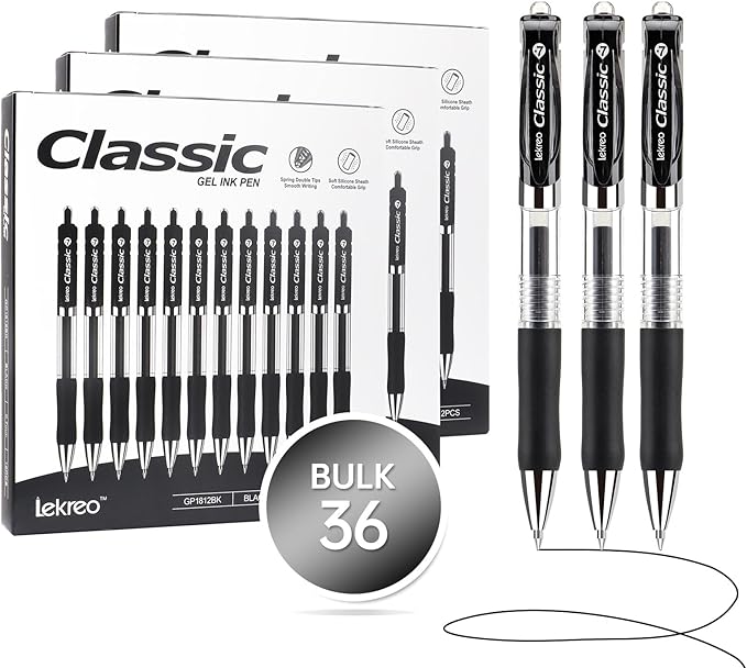 Classic Retractable Gel Roller Pens, 0.7mm Fine Point Black Ink (Black - 36 Packs)