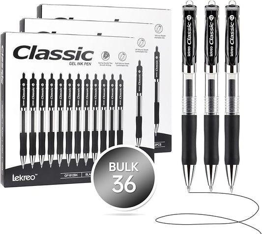 Classic Retractable Gel Roller Pens, 0.7mm Fine Point Black Ink (Black - 36 Packs)