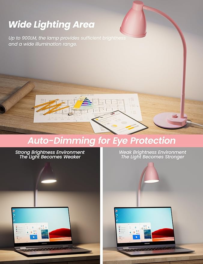 BOHON Cute Desk Lamp with USB Charging Port, Pink Lamp 3 Color Modes Dimmable LED Reading Lamp, Flexible Gooseneck Auto Dimming Table Task Light for Home Office Dorm Bedside, Pink