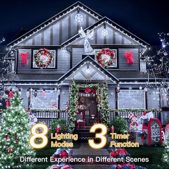 Ollny Christmas Lights, 198 FT 600 LED Outdoor Waterproof Plug in Christmas Tree Lights with 8 Modes Remote Timer, String Lights for House Yard Outside Indoor Xmas Decorations White