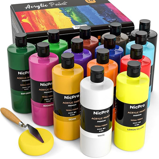 Nicpro 14 Colors Large Bulk Acrylic Paint Set (16.9 oz,500 ml) Rich Art Painting Supplies, Non Toxic for Multi Surface Rock Canvas Wood Ceramic Leather Fabric Craft, for Kids Adult with Color Wheel