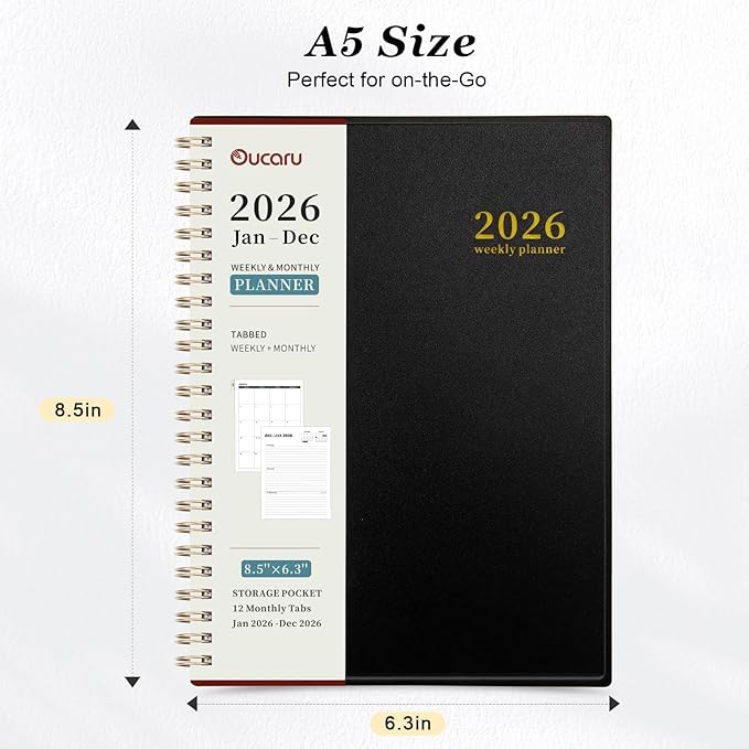 Oucaru 2026 Planner, Weekly and Monthly Planning Calendar, Jan 2026 - Dec 2026, 6.3" x 8.5", Spiral Bound, 12 Habit Trackers & Monthly Tabs, 2 Storage Pockets, Perfect for Office Home School Supplies