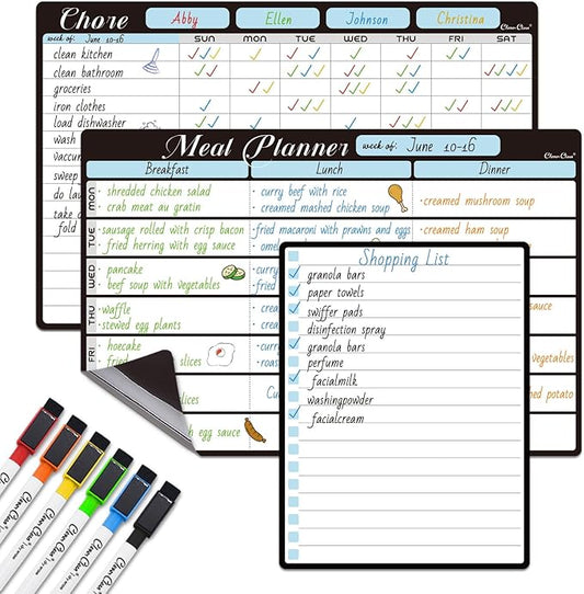 Magnetic Dry Erase Chore Chart and Menu Board - 8.5"x13" Chore Board and Meal Planner for Fridge - 6.5"x8.5" List Board and 6 Extra Fine Point Markers Included - Shipped Flat