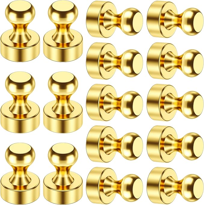 VNDUEEY 16 Pack Fridge Magnets Refrigerator Magnet, Gold Strong Magnets for Whiteboard, Magnetic Push Pins, Metal Magnet for Kitchen, Office, Classroom, School, Locker, Cruise Decor