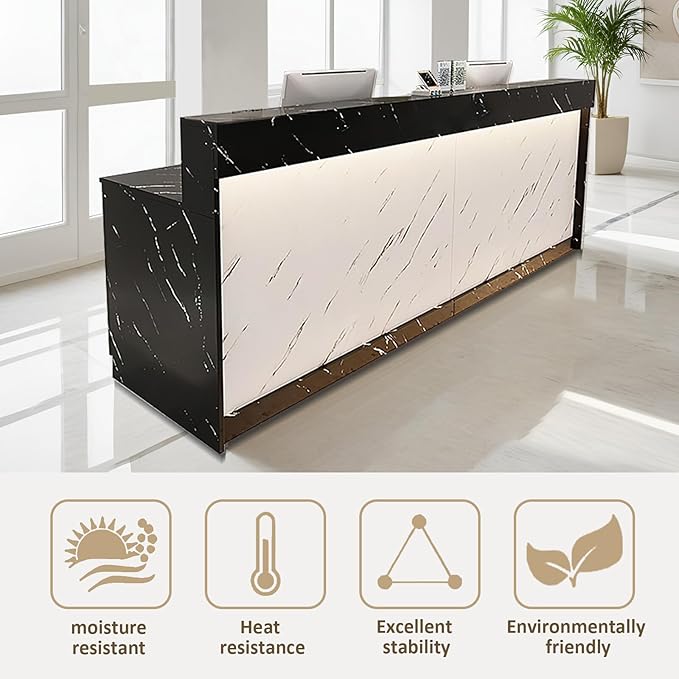 Modern Reception Desk Front Desk with LED Strip Lighting, Lockable Drawers, and Versatile Storage for Office, Checkout (White + Black Maple/Storage Type, 70.87" L*23.62" W*39.37" H)