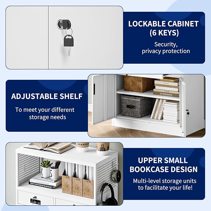 Yizosh Locking Cabinet with 2 Drawers, Metal Storage Cabinet with Locking Doors and Shelves - 41.3" Steel Lockable Storage Cabinet, Metal Cabinet for Home Office, Garage, School (White)