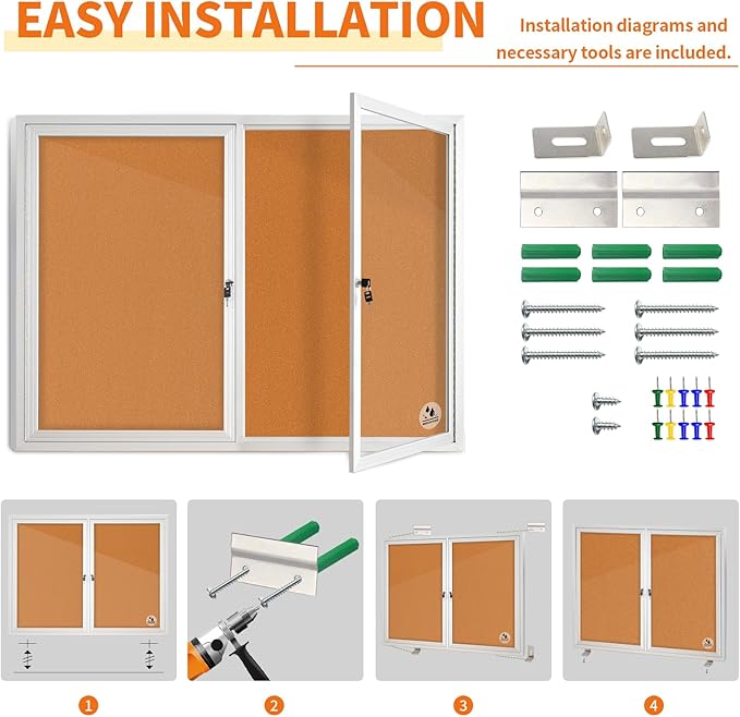 Lockable Outdoor Enclosed Bulletin Board, Weatherproof Cork Noticeboard with Locking Door, Wall-Mounted Aluminum Framed Display Case for Messages (Silver Frame & Cork, 44x32 in)