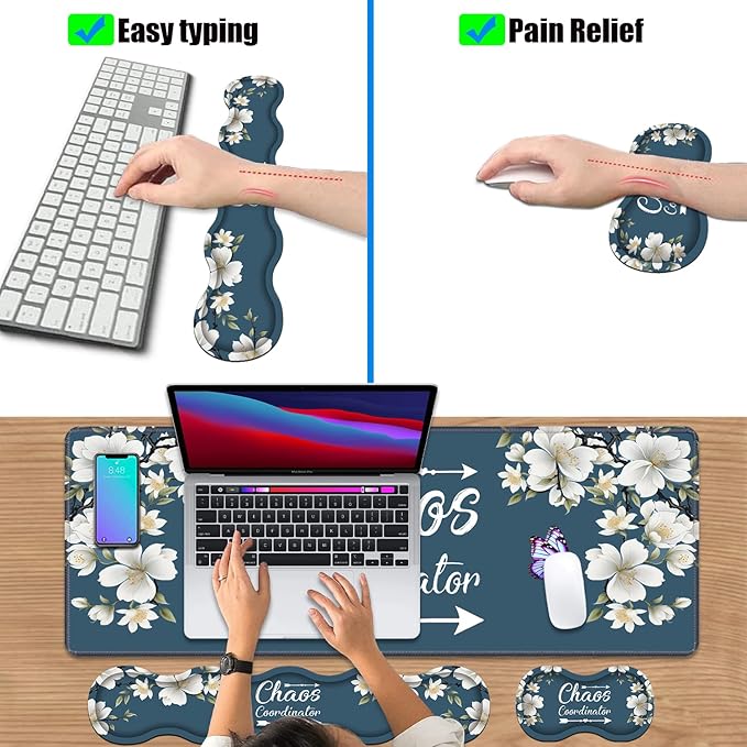 4 in 1 Ergonomic Keyboard Wrist Rest & Mouse Pad Wrist Rest Set, Large XXL Gaming Desk Mat 31.5"x 11.8" with Non-Slip Base, Memory Foam for Home Office Study Gaming, Floral Quote Chaos Coordinator