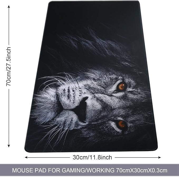 Large Gaming Mouse Pad with Stitched Edges,[27.5x11.8In] Extended Black Lion Mouse Pad with Non-Slip Natural Rubber Base for Gamer/Desktop/Office/Home 70x30 Blion02