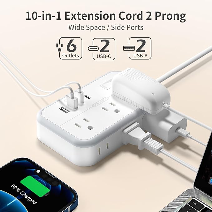 NTONPOWER 2 Prong Power Strip, 1875W/15A 2 Prong to 3 Prong Outlet Adapter, Surge Protector Power Strip with 4 USB Ports(2 USB C), 5 FT Rotating Flat Plug Extension Cord for Old House, Wall Mount
