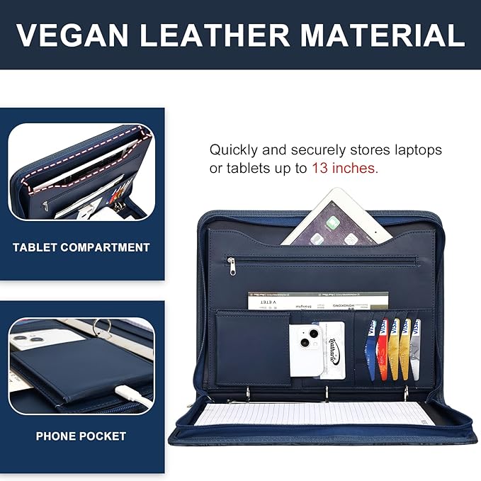 Leathario Portfolio Binder, Includes 5 Folder Index Dividers and 3 Notepads, 3-Ring Folder Organizer, Padfolio with Zipper, Vegan Leather Tablet Sleeve, Business Office Conference Clipboards