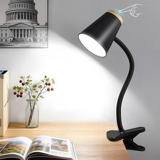 Clip on Desk Lamp for Home Office - Small LED Touch Dimmable Reading Lights for Books in Bed - Adjustable Flexible Gooseneck Clamp Light Table Lamp for Bedside Bedroom Headboard Black