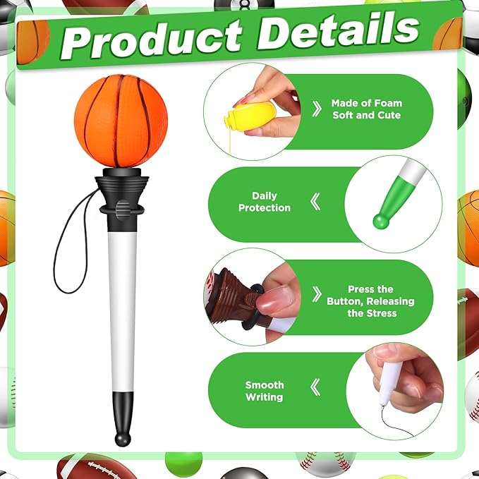 Lincia 24 Pcs Sport Funny Pen Hoop Ballpoint Novelty Bulk Plastic Sports Soccer Basketball Baseball Football Tennis Golf Themed Pen for Birthday Party School Award Party Favor Supplies(Assorted)