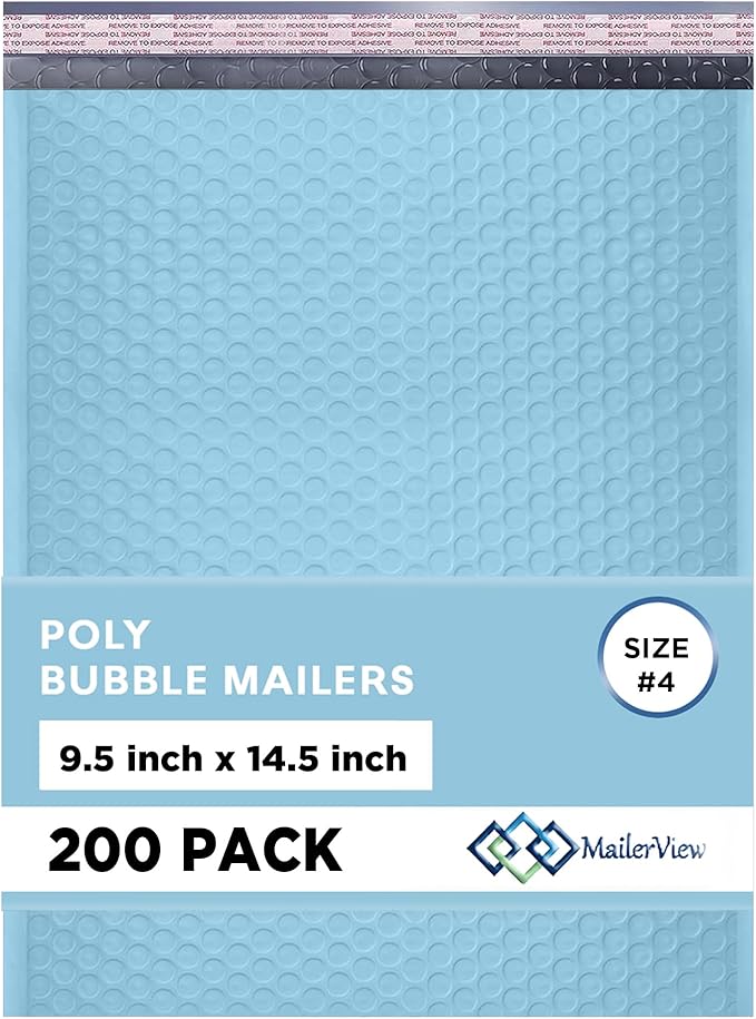 Light Blue Large Poly Bubble Mailers 9.5x14.5 inch #4 | Self Seal Padded Envelopes Cushioned Bubble Mailer | Usable Size 9.5x13.5 | WaterProof | Lightweight mailing Shipping Bags | 200 Pack Bulk