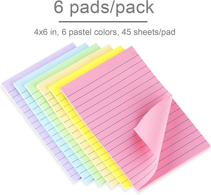 Lined Sticky Notes 4X6 in Pastel Ruled Post Stickies Colorful Super Sticking Memo Pads, 45 Sheets/pad, 6 Pads/Pack