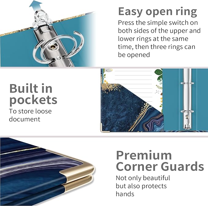 Ospelelf Mini 3-Ring Binder, 1 Inch, Cute Blue Marble Binder for 5.5" x 8.5", with 5 Tab Dividers, File Folder Labels and Low-Profile Clipboards, School and Office Supplies