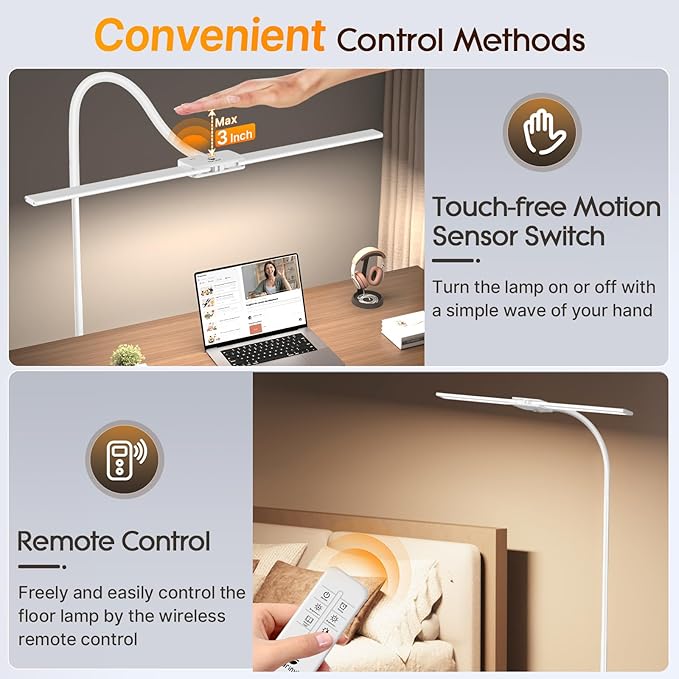 Syrinx LED Floor Lamp, Double Head Gooseneck Floor Lamps for Living Room with Gesture Switch & Remote Control, 14W Bright Tall Standing Lamp Modern Eye-Caring Reading Floor Lamp for Bedroom Office