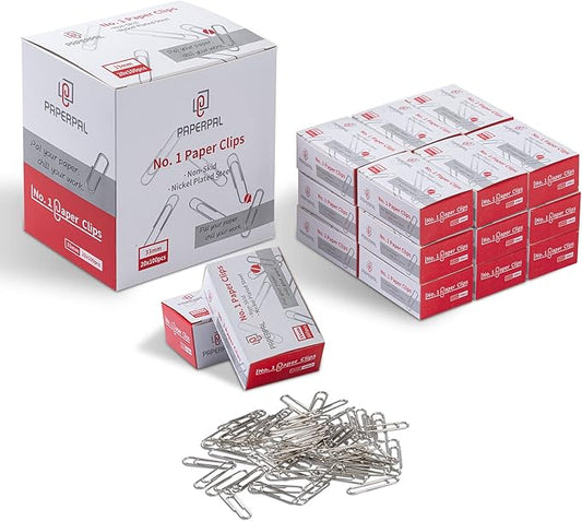 PAPERPAL Paperclips for Office School & Personal Use, #1 Nonskid Paper Clip (1-2/7"), 2000 Medium Paper Clips (20 Boxes of 100 Each), Silver
