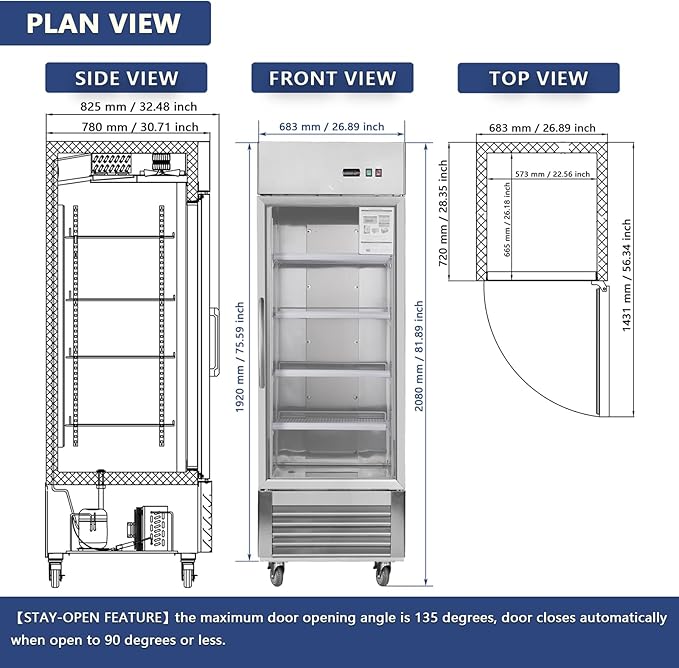 Merax Merex Commercial Refrigerator 27" W 1 Glass Door Stainless Steel Interior and Exterior Construction Upright Fan Cooling Reach-in Merchandising 18.68 Cu.ft, Silver