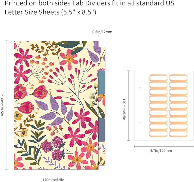 Ospelelf Mini 3 Ring Binder, 1 Inch, Cute Floral Binder for 5.5" x 8.5" with 5 Tab Dividers, File Folder Labels and Low Profile Clipboards