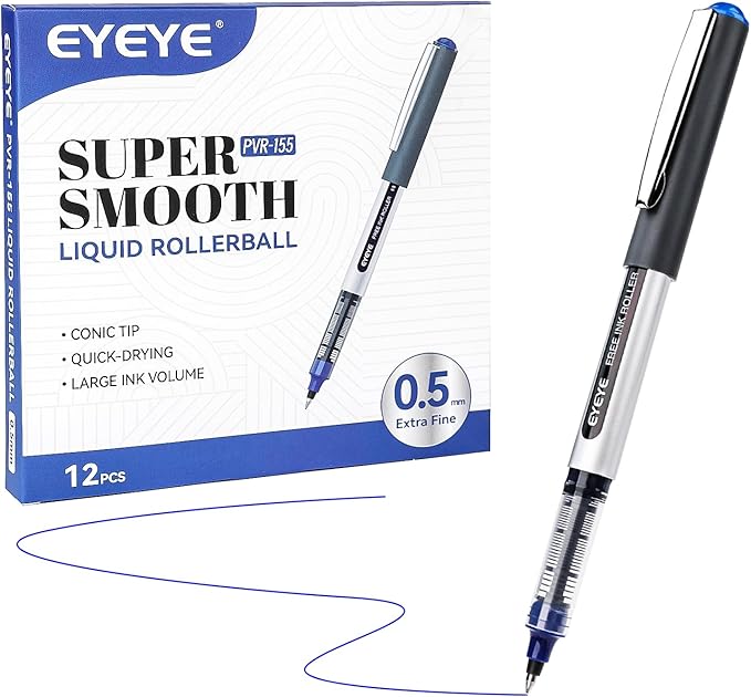 EYEYE Blue Rollerball Pens 0.5mm, 12 Pack Liquid Ink Roller Ball Pen Extra Fine Point Quick Dry, Blue Ink Pens Fine Point Smooth Writing Pen for Journaling, Note Taking, Office, School Supplies