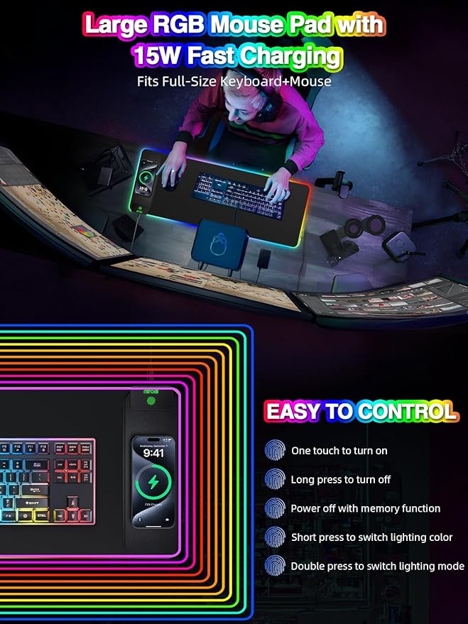 Magnetic Charging Mouse Pad, 31.5x11.81 Inch XL Gaming Mousepad, 11+5 RGB Lighting Modes, Home Office Large Desk Pad with Ultra-Smooth Surface, Non-Slip, Waterproof Keyboard Pad Classic Black Desk Mat