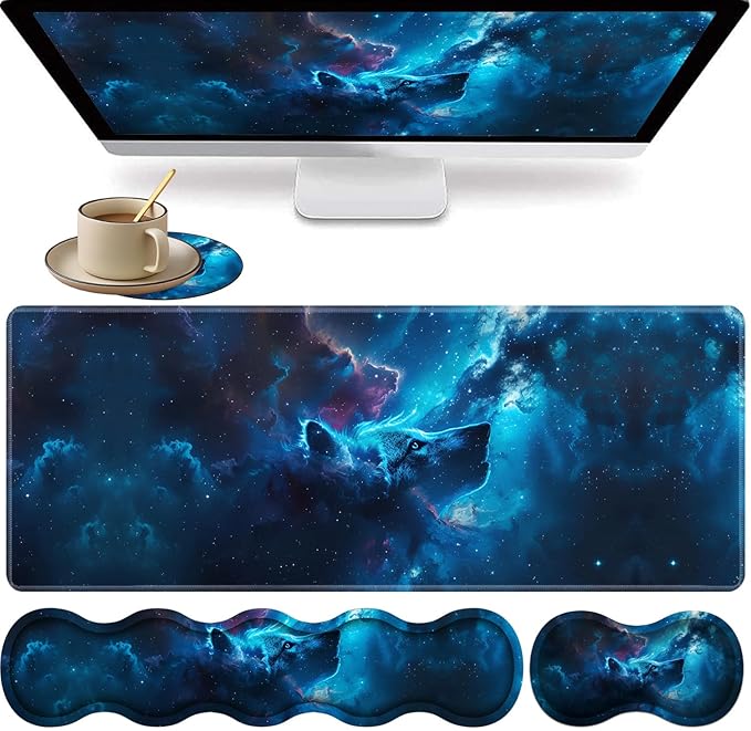 Large XXL Gaming Desk Mat 31.5"x 11.8", Ergonomic Keyboard Wrist Rest & Mouse Pad Wrist Rest + Coaster Set, Non-Slip Base, Memory Foam, Office and Home, Nebular Wolf