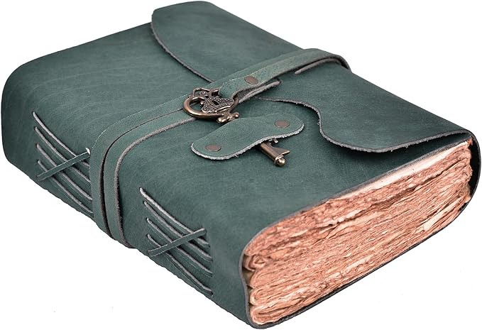 LEATHER VILLAGE Vintage Leather Journal – 200 Handmade Vintage Deckle Edge Paper – Leather bound Journal For Women Men – Vintage Key Closure - Book of Shadows - Aqua - 8X6 inches (A5)