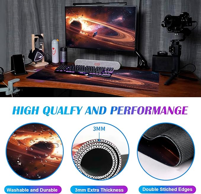 Personalized Galaxy Starry Sky Nebula Customized Computer Keyboard Office Desk Pad, Cute Space Planet Full Table Extended Mouse Pad 35.4 x 15.7 Inches