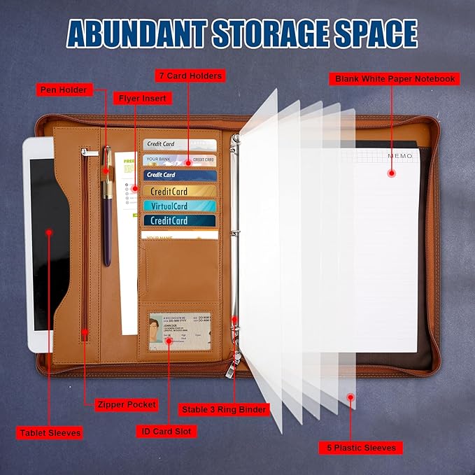 Padfolio Portfolio Folder Binder-Organizer Planner Notebook Zippered Portfolio Padfolio for Women & Men with Document Sleeve,Letter/A4 Size Clipboard,Business Card Holders (Brown-3)