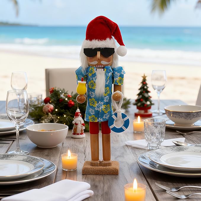 Nutcracker Christmas Decor, 14" Wooden Nutcracker Soldier Christmas Decoration Home Mantle Table Fireplace Christmas Ornaments for Festival Party(14" Hawaiian Beach Nutcracker)