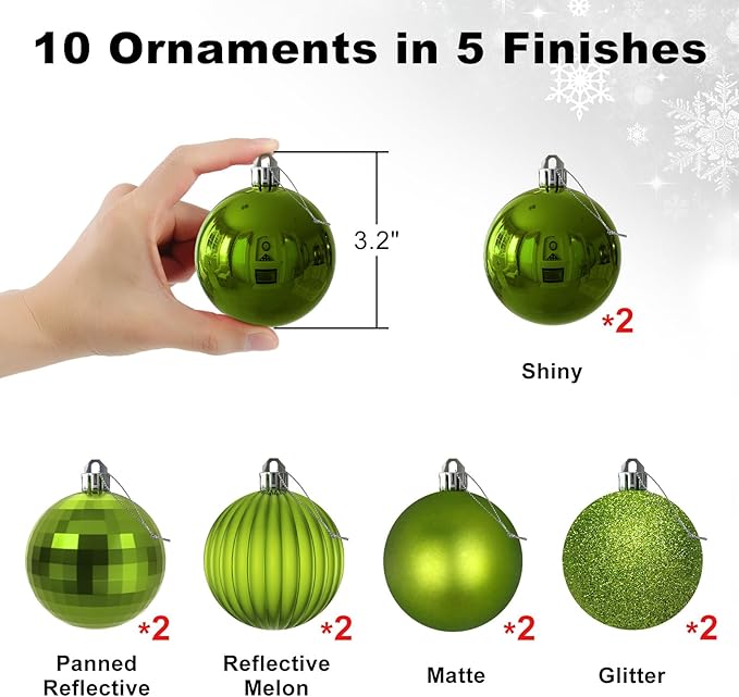 Lime Green 3.2" Large Christmas Balls - Christmas Tree Decoration Ornaments Shatterproof Hanging Balls for Birthday Halloween Holiday Wedding Decorations Set of 10pcs