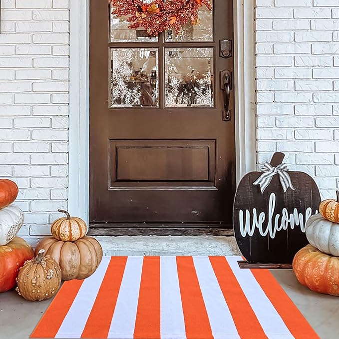 Orange and White Rug Halloween Fall Front Door Rug Hand Woven Area Rugs Washable Outdoor Doormats Indoor Entrance Mat for Front Porch Kitchen Entryway Patio Holiday