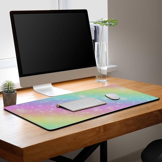 Large Mouse Pad Pink Gaming Mouse Pads Desk Mat for Women Computer Desk Pads Desk Pad Mat Non-Slip Rubber Base 35.4 X 15.7 for Game Office, Shiny Colorful Rainbow Background