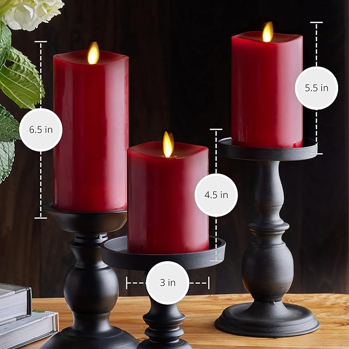 Luminara Flameless Flickering Melted Edge Set of 3 Candles, Battery Operated & Timer Function, Remote Included, Unscented Paraffin Burgundy Wax LED Light Pillar, Christmas Holiday Décor