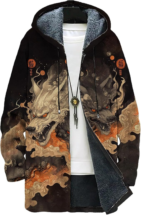 MARSVOVO Mens Cardigan Sweater Cool Graphic Lined Fleece Long Coat Zip With Pockets Fashion Coat Warm Fitted Jacket