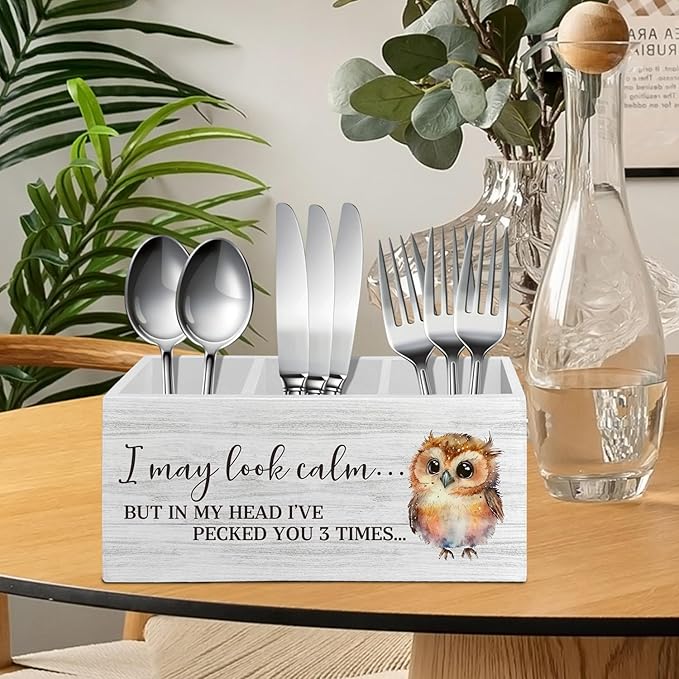 Owl Funny Pen Pencil Holder Organizer for Desk Accessories, I May Look Calm Funny Wooden Box Sign Desk Decor for Home Office Decoration, Owl Lovers Gifts for Women