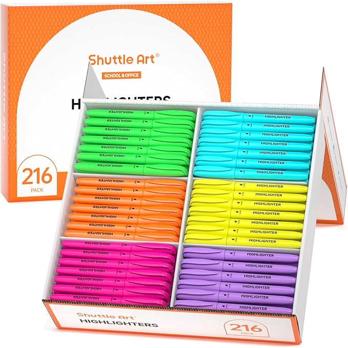 Shuttle Art 216 Pack Highlighters, Highlighters Assorted Colors Set, 6 Bright Colors Chisel Tip Dry-Quickly Non-Toxic Highlighter Markers Bulk for Adults Kids Highlighting in Home School Office
