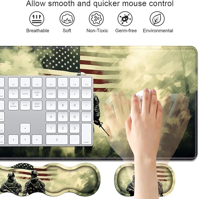 4 in 1 Ergonomic Keyboard Wrist Rest & Mouse Pad Wrist Rest Set, Large Gaming Desk Mat 31.5"x 11.8" with Non-Slip Base, Memory Foam for Home Office Study Gaming, American Military Army Troops Soldiers