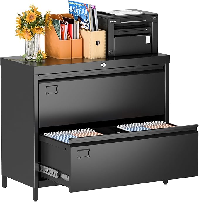 Metal Lateral File Cabinet with 2 Drawer,Metal Filing Cabinets with Lock for Home Office A4 and Letter Size Files, Printer Stand, Assemble Required,Black