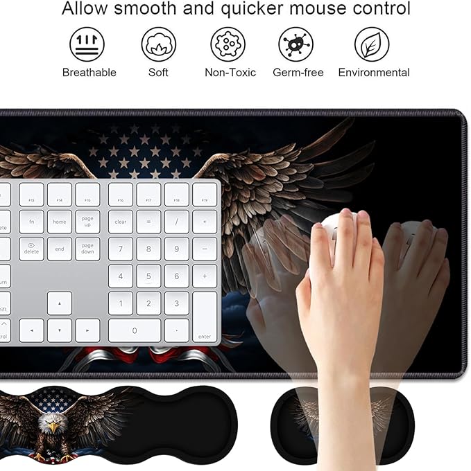 4 in 1 Ergonomic Keyboard Wrist Rest & Mouse Pad Wrist Rest Set, Large XXL Gaming Desk Mat 31.5"x 11.8" with Non-Slip Base, Memory Foam for Home Office Study Gaming, American Flag Bald Eagle