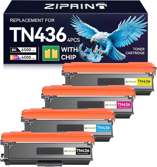 ZIPRINT 4-Pack TN436 Toner Compatible with Brother TN436BK TN433 TN431 TN436C TN-436 TN-431 TN-433 TN 436 TN 431 Super High Yield 6500 Pages for MFC L8900CDW, HL L8360CDW, HL L8260CDW, HL L9310CDW