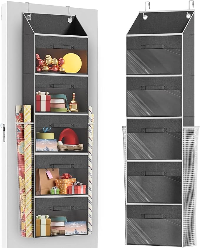 Ofiray-home Over Door Wrapping Paper Organizer Storage with 5 Removable Drawers & 2 Large Side Pockets for Gift Wrap Rolls Wrap Storage for Ribbons, Bows, Ornaments and Tools