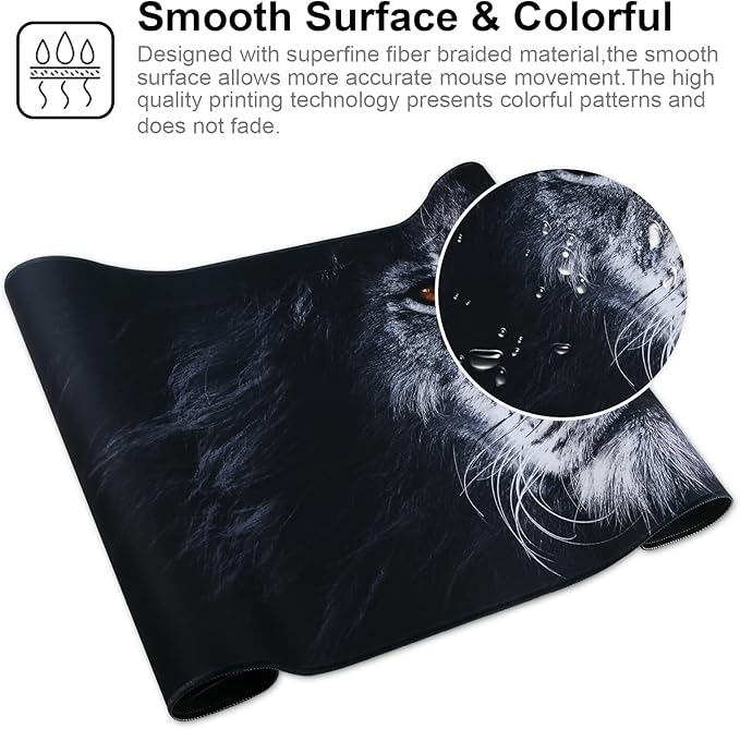 Large Gaming Mouse Pad with Stitched Edges,[27.5x11.8In] Extended Black Lion Mouse Pad with Non-Slip Natural Rubber Base for Gamer/Desktop/Office/Home 70x30 Blion02