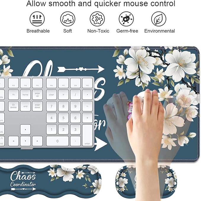 4 in 1 Ergonomic Keyboard Wrist Rest & Mouse Pad Wrist Rest Set, Large XXL Gaming Desk Mat 31.5"x 11.8" with Non-Slip Base, Memory Foam for Home Office Study Gaming, Floral Quote Chaos Coordinator
